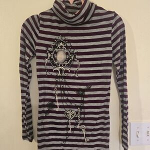 Striped Turtleneck Top with Embellished Design